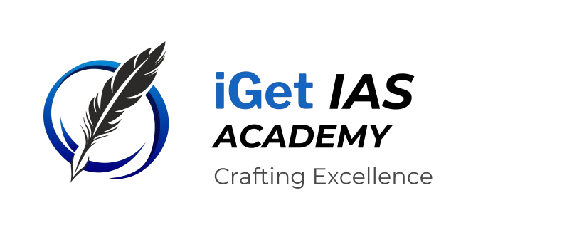 iGet IAS Academy logo with blue quill and circular emblem
